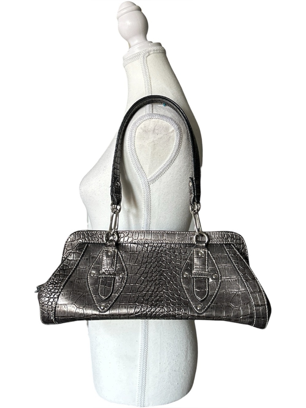 Y2K Grunge Style Silver/Gray Monochrome Faux Crocodile Baguette Shoulder Bag